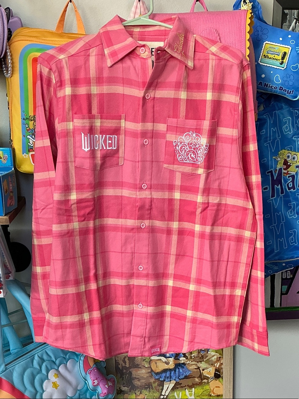 Wicked Glinda Pink Plaid Long-Sleeve Shirt with Chest Pockets